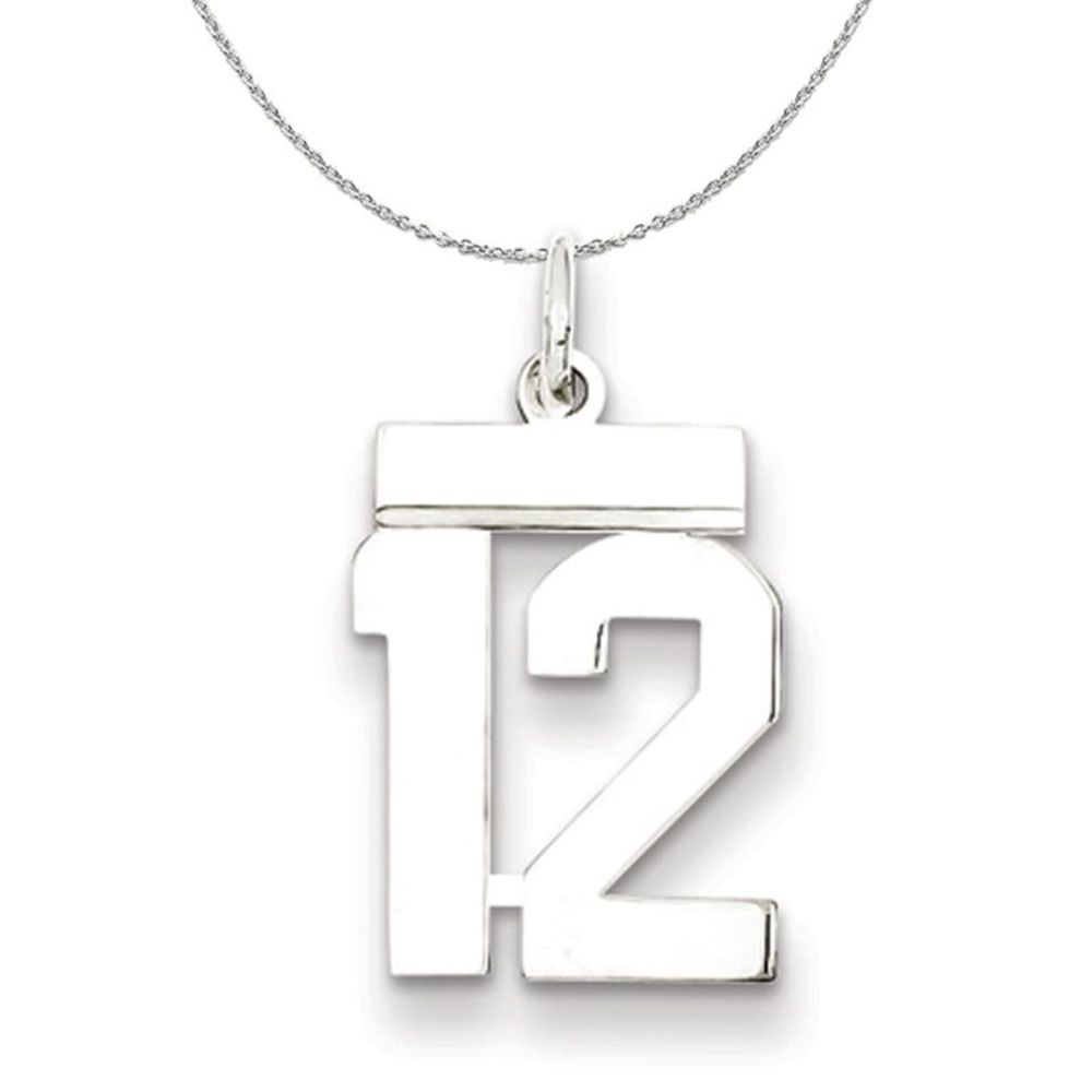 Silver, Athletic Collection, Small Polished Number 12 Necklace - 18 In